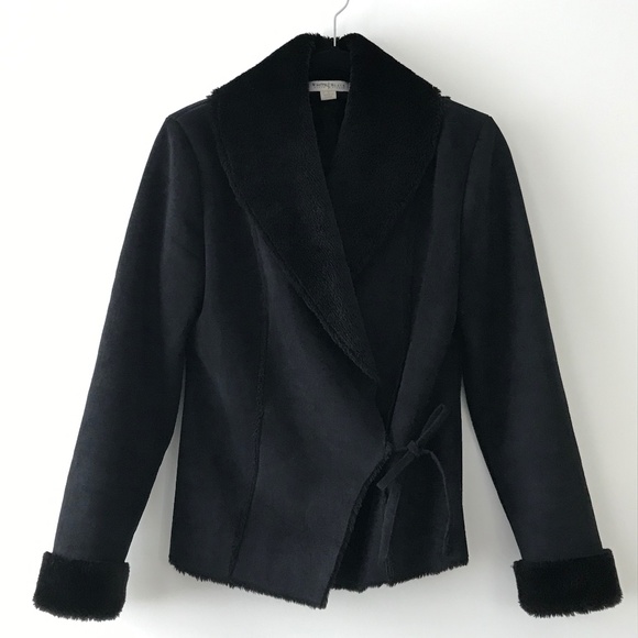 WHBM Black Faux Shearling Wrap Jacket - Picture 1 of 16